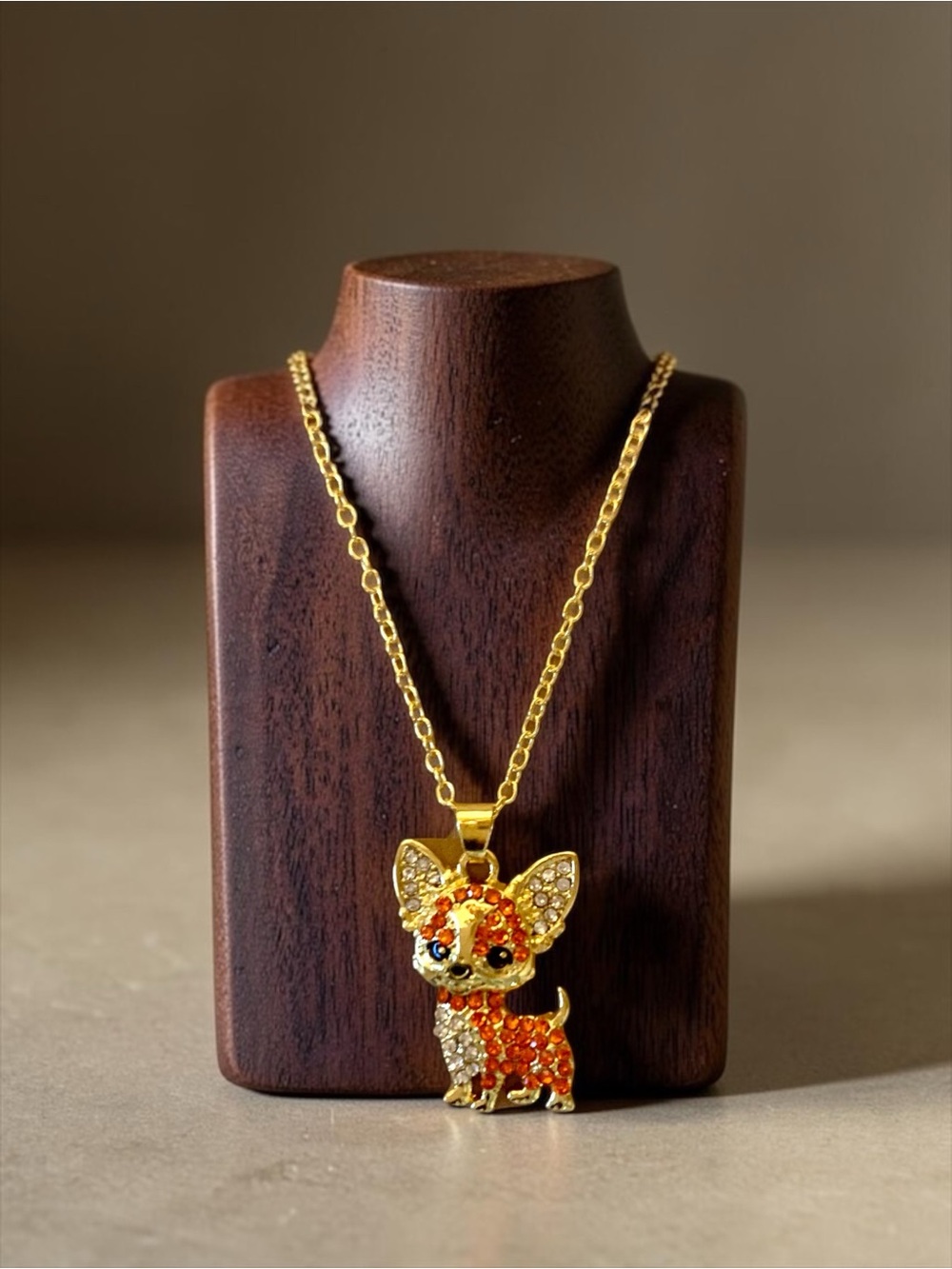 Gold-Tone Crystal Chihuahua Pendant Necklace in Orange